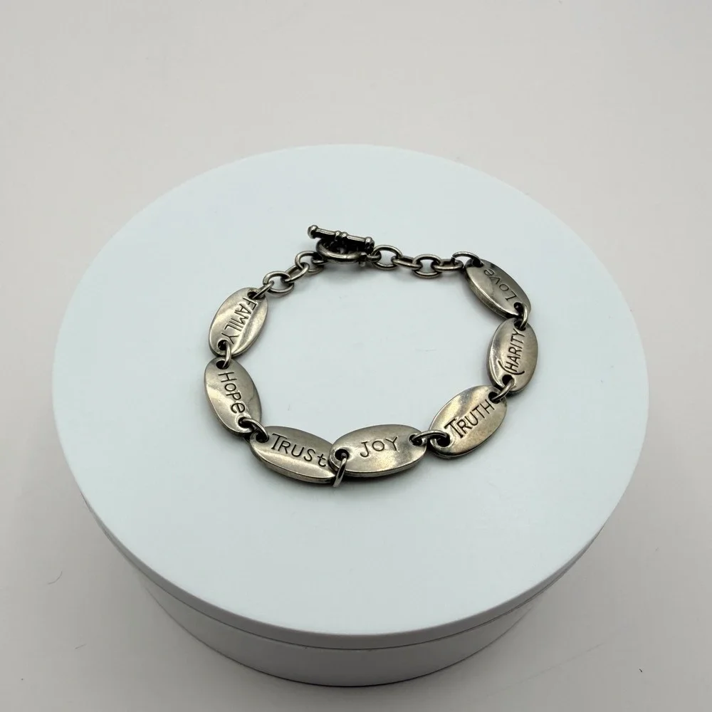 Vintage 90s Silver Tone Inspirational Message Oval Link Bracelet Fashion Jewelry